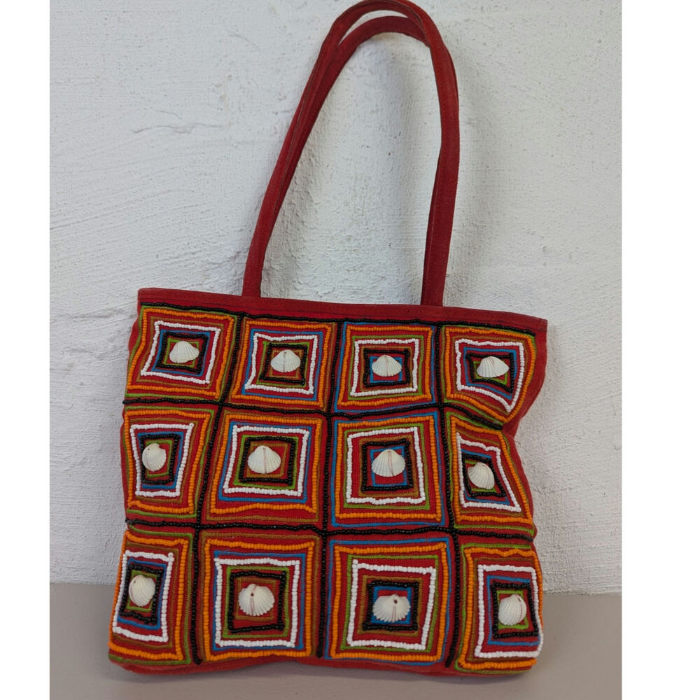Aarong Embellished Shell Purse Handbag Orange Beading Bright Vacation Resort